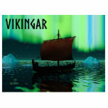 Viking Ship Under Northern Lights Statuette<br><div class="desc">A slightly stylized image of a Viking longship sailing at night under the Northern Lights. There a couple of icebergs; most of the crew is asleep. Text reading "VIKINGAR" (Vikings) also appears.</div>