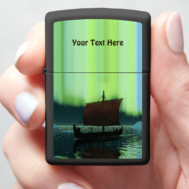Viking Ship Under Northern Lights Zippo Lighter (In Hand)
