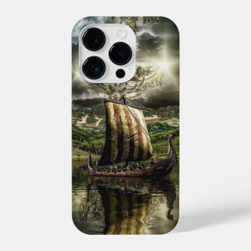 VIKING SHIP WITH SHIELDS ON FJORDS iPhone 14 PRO CASE