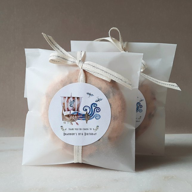 Viking Themed Birthday Party Thank You Favor Classic Round Sticker (Creator Uploaded)