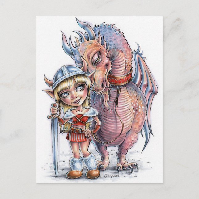 Viking Troll Girl With Her Dragon Postcard (Front)
