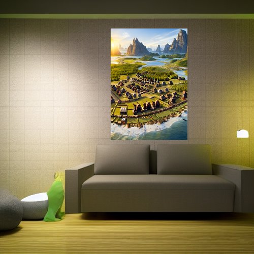 Viking village water and ocean  AI Art  Poster