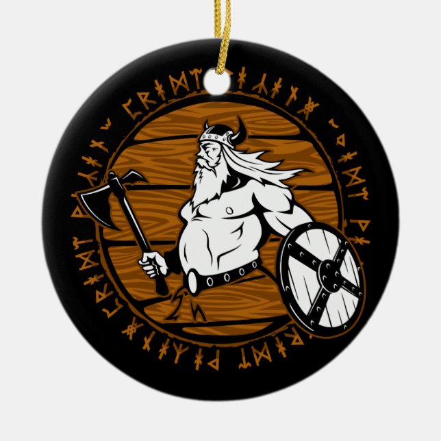 Viking Warrior Helmet Shield Runes Christmas Ceramic Ornament (Front)