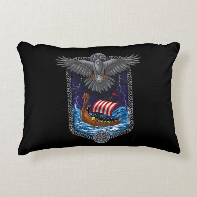 Viking Warrior Ship Raven Accent Pillow (Front)