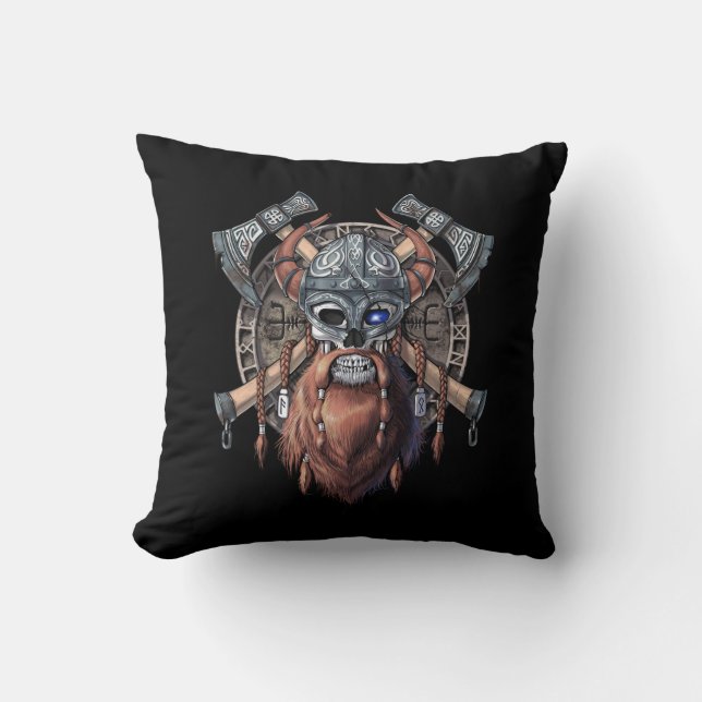 Viking Warrior Skull Throw Pillow (Front)