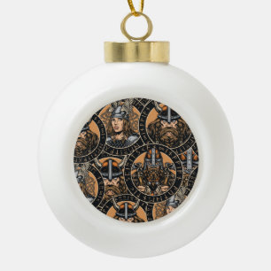 Viking Warriors: Colorful Vintage Pattern Ceramic Ball Christmas Ornament