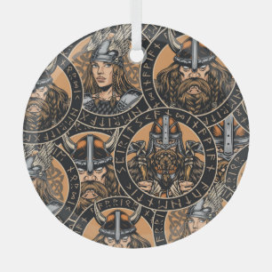 Viking Warriors: Colorful Vintage Pattern Glass Ornament