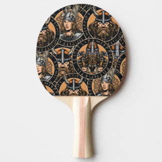 Viking Warriors: Colorful Vintage Pattern Ping Pong Paddle