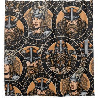 Viking Warriors: Colorful Vintage Pattern Shower Curtain