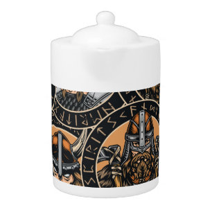 Viking Warriors: Colorful Vintage Pattern Teapot