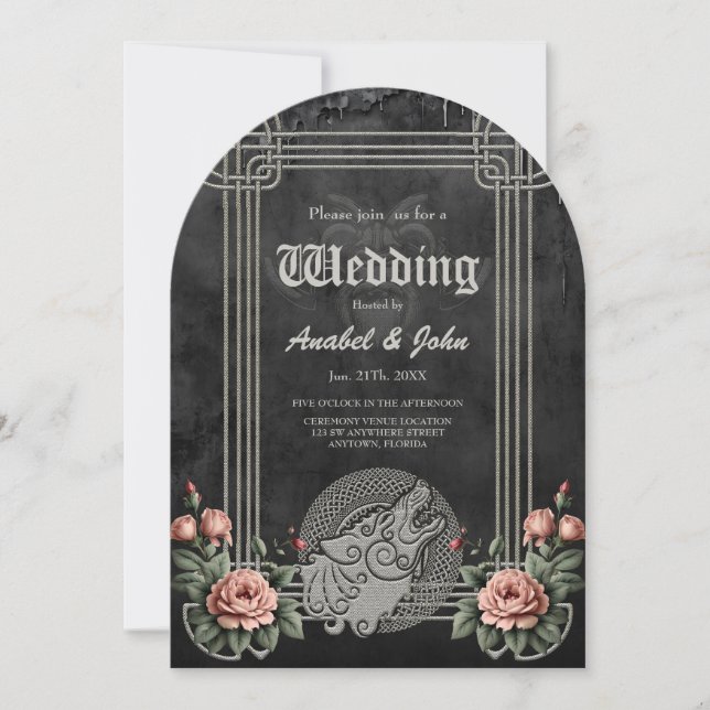 Viking Wolf & Roses. A stylized wolf's head, Invitation (Front)