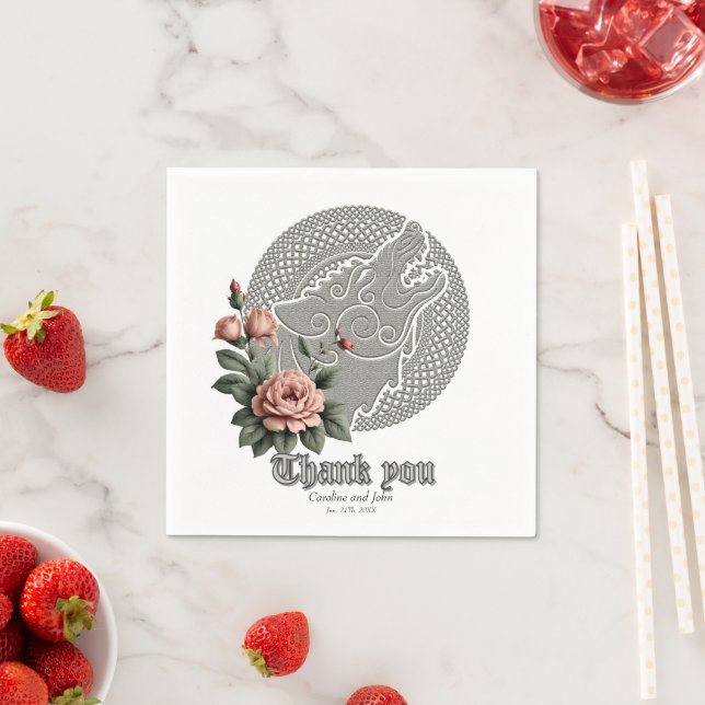 Viking Wolf & Roses. A stylized wolf's head, Napkins (Insitu)