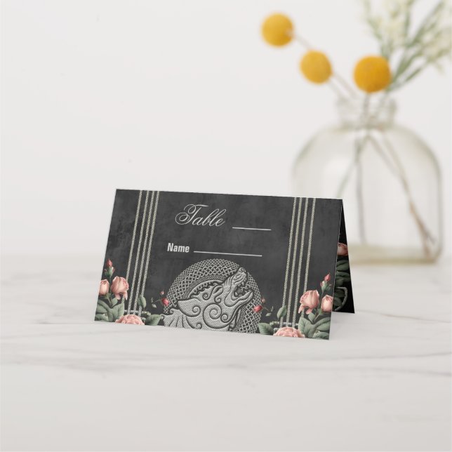 Viking Wolf & Roses. A stylized wolf's head Place Card (Front)