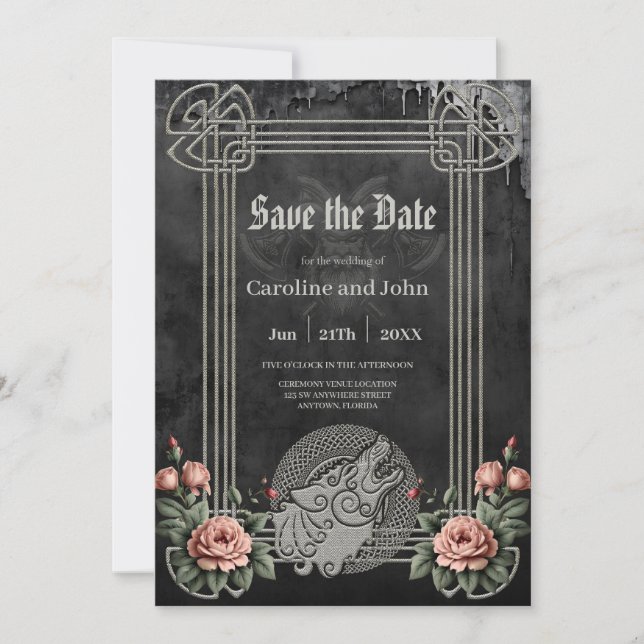 Viking Wolf & Roses. A stylized wolf's head Save The Date (Front)