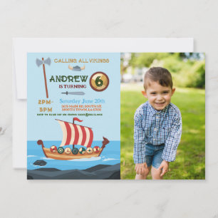 5X7 Children's birthday online invitations features viking theme and custom illustration of your child