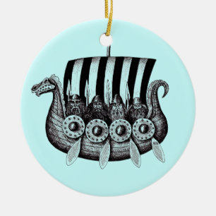 Vikings in Drekar black and white pen ink drawing Ceramic Ornament