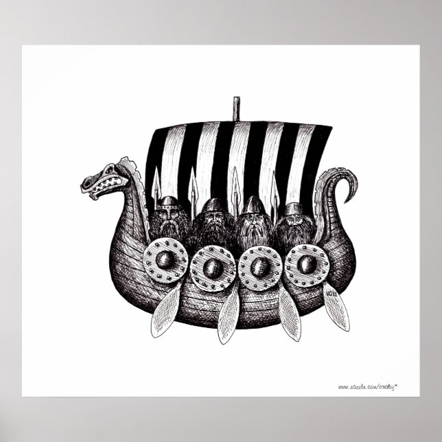 Vikings in Drekar black and white pen ink drawing Poster (Front)