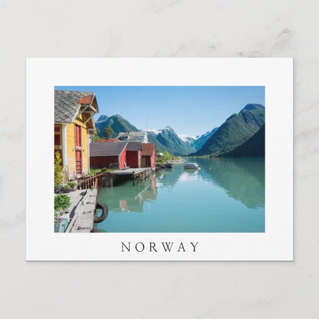 Village and a fjord in Norway white text postcard (Front)