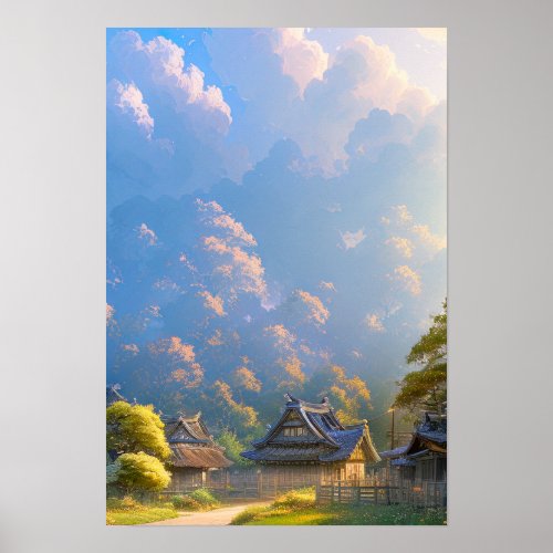 Village at the Foot of a Lush Forest Poster