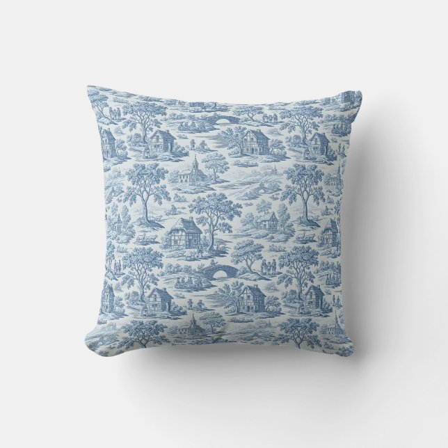 Village Blue Toile Throw Pillow (Front)