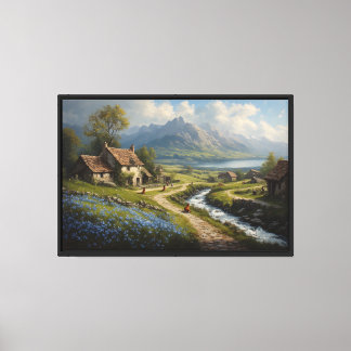 Village by a River with Mountains and Blue Flowers Canvas Print