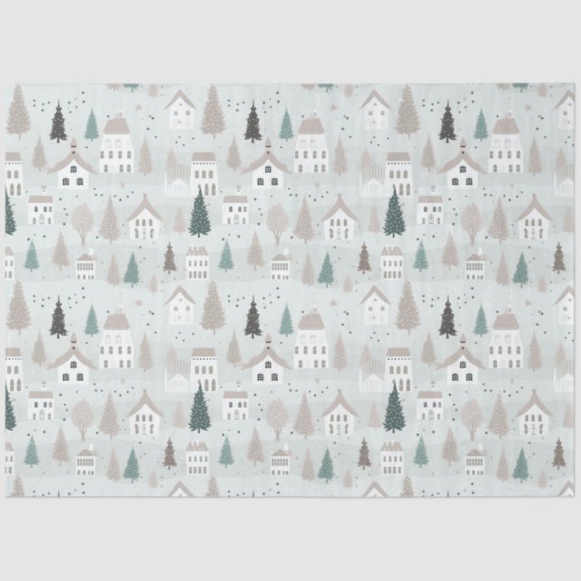 Village Houses Trees Birds Christmas Tissue Paper (Front)