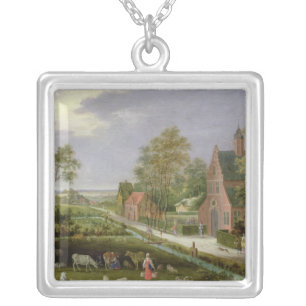 Village Landscape Silver Plated Necklace