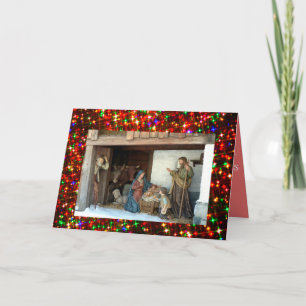 Village Nativity Backdrop of Multi-colored Stars Holiday Card