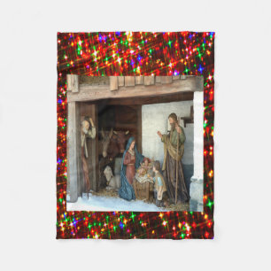 Village Nativity Under Canopy Multi-colored Stars Fleece Blanket