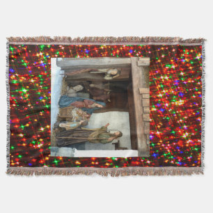 Village Nativity Under Canopy Multi-colored Stars Throw Blanket