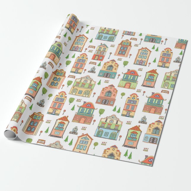 Village Neighborhood City Homes Welcome Wrapping Paper (Unrolled)
