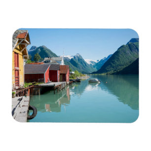 Village of Fjærland and a fjord rectangle magnet