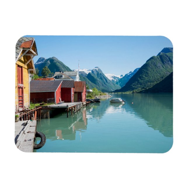 Village of Fjærland and a fjord rectangle magnet (Horizontal)