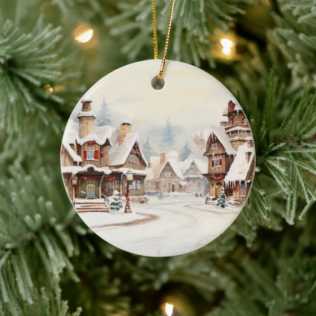 Village on a Christmas day Ceramic Ornament (Tree)