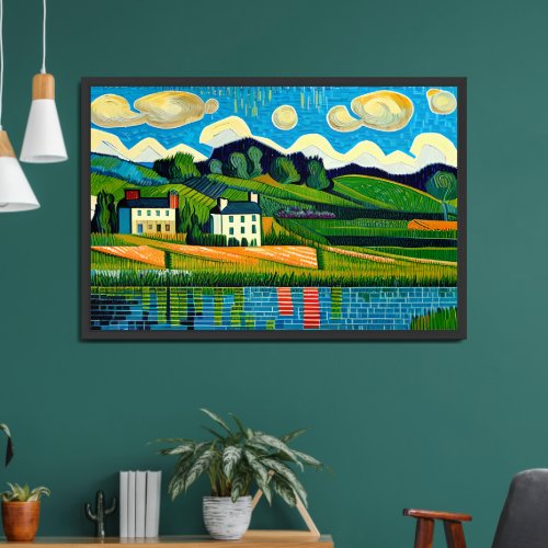 Village Overlooking Tranquil Lake Art Print