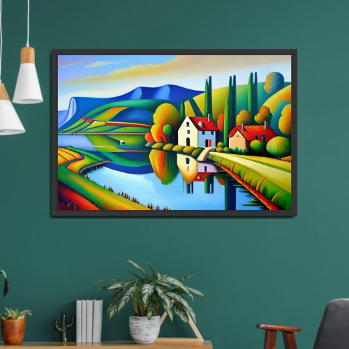 Village Overlooking Tranquil Lake Art Print