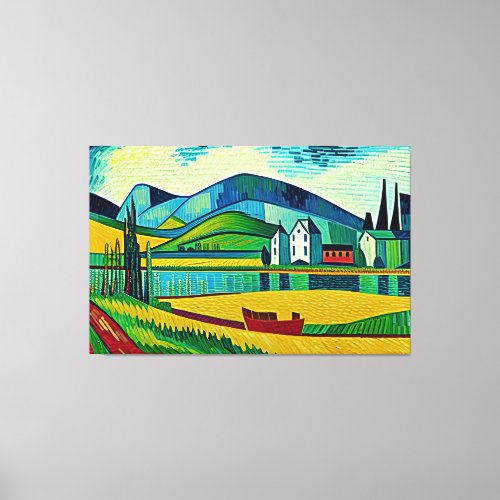 Village Overlooking Tranquil Lake Canvas Print