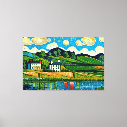 Village Overlooking Tranquil Lake Canvas Print