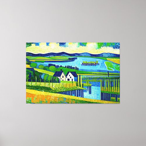 Village Overlooking Tranquil Lake Canvas Print
