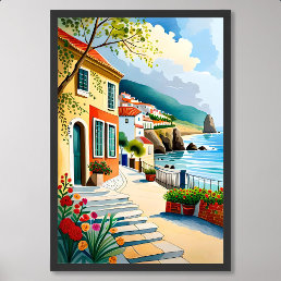 village painting on beach cliff decorated flowers poster