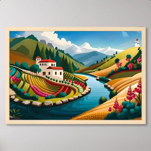 Village Painting with Rocky River and Lush Fields Poster
