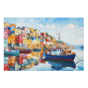 Village Port Concept Abstract Colorful Scenery Sea Faux Canvas Print