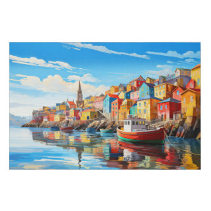 Village Port Concept Abstract Colorful Scenery Sea Faux Canvas Print