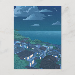 Village sea blue night sky Anime Postcard