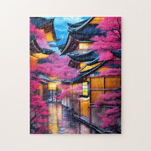 Village Surrounded by Cherry Blossoms  Jigsaw Puzzle