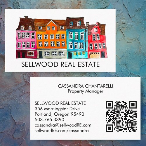 Village Watercolor Real Estate Broker Agent QRCode Business Card