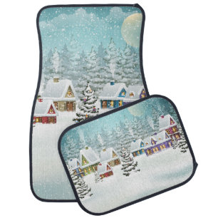 Village winter landscape with snow covered houses car floor mat