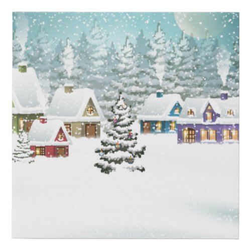 Village winter landscape with snow covered houses  faux canvas print