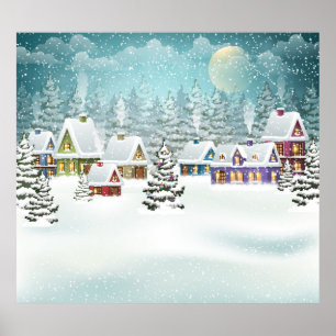 Village winter landscape with snow covered houses poster