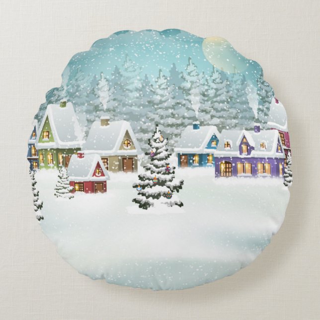 Village winter landscape with snow covered houses  round pillow (Front)